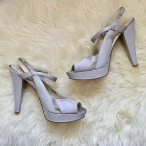 Nine West Women’s Grey Satin Peep Toe Formal Neutral High Heels Sz 6.5